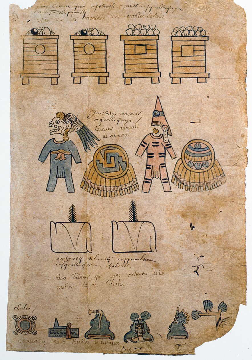 Folio 45 Strana z Codexu Mendoza s ilustracemi úcty, kterou aztécké říši platí dobyté národy, kolem 1541-42 od Spanish School