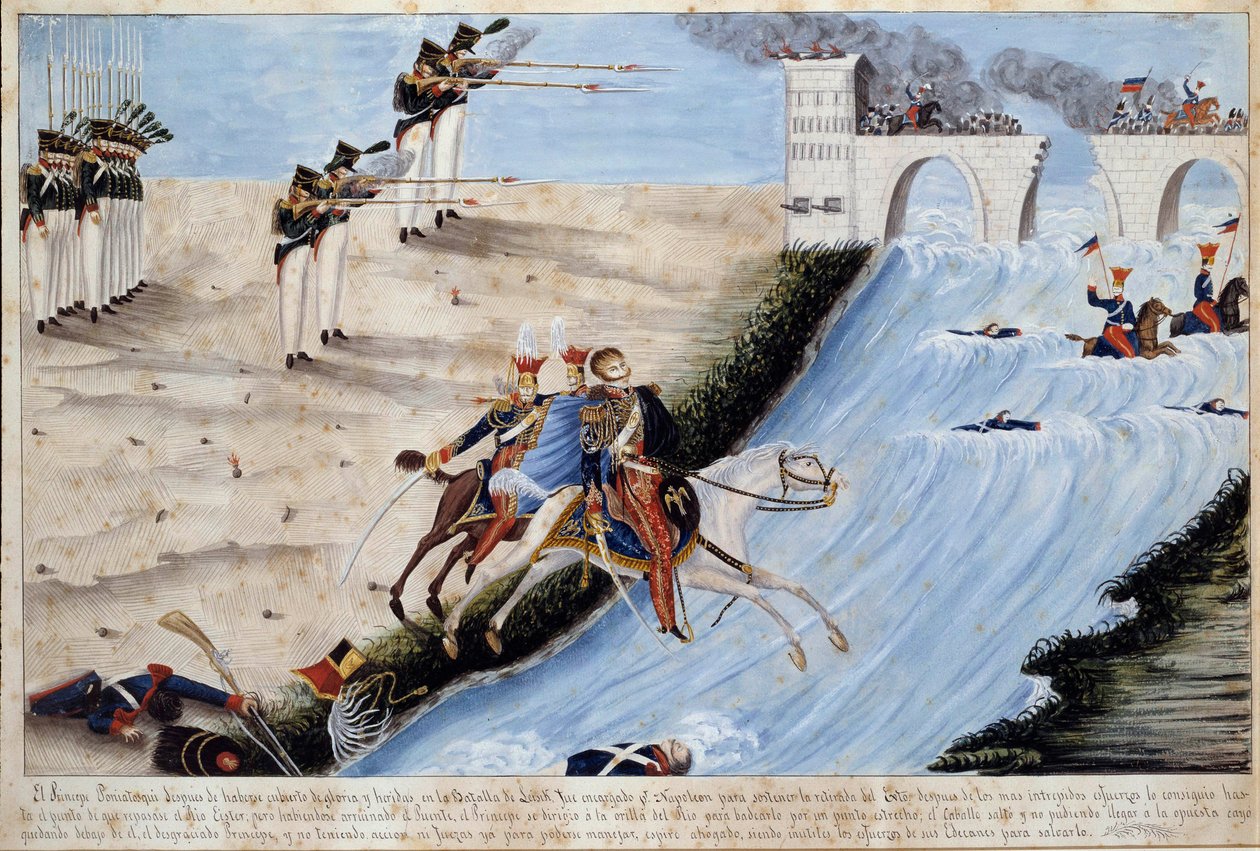 Generál Joseph (Jozef) Antoni Poniatowski (1763-1813) se utopí při pokusu projít kolem Elthera v bitvě u Lipska (bitva národů), aby se vyhnul dopadení spojenci v říjnu 1813 Akvarel španělské školy - 1813 Ile d