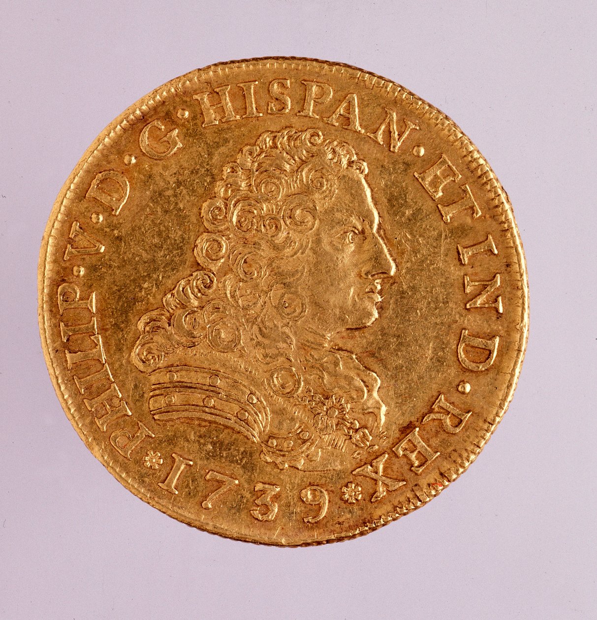Zlatá mince (8 ECU) ze Španělska: vláda Filipa (Filippo nebo Philippe) V (1700-1746). 1739 Prům. 3,6 cm Neapol, museo archeologico od Spanish School