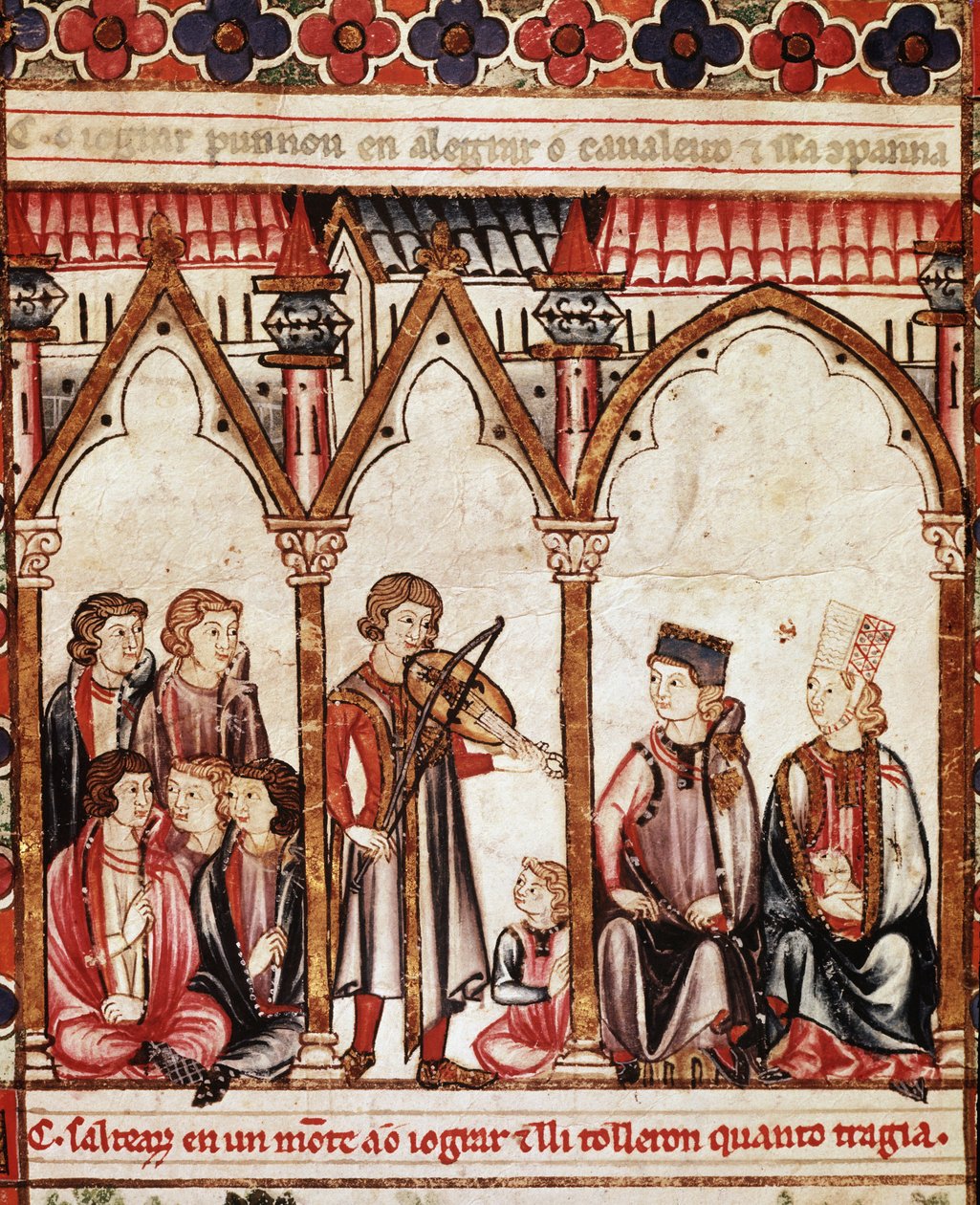 Skupina trubadúrů, ilustrace z “”Cantigas de Santa Maria”””, vytvořená pod vedením Alfonsa X. (”Moudrý”), krále Kastilie a Leónu (1221-84) - Králův dvůr a hudebníci. miniatura z rukopisu Písně svaté Marie (Cantig od Spanish School