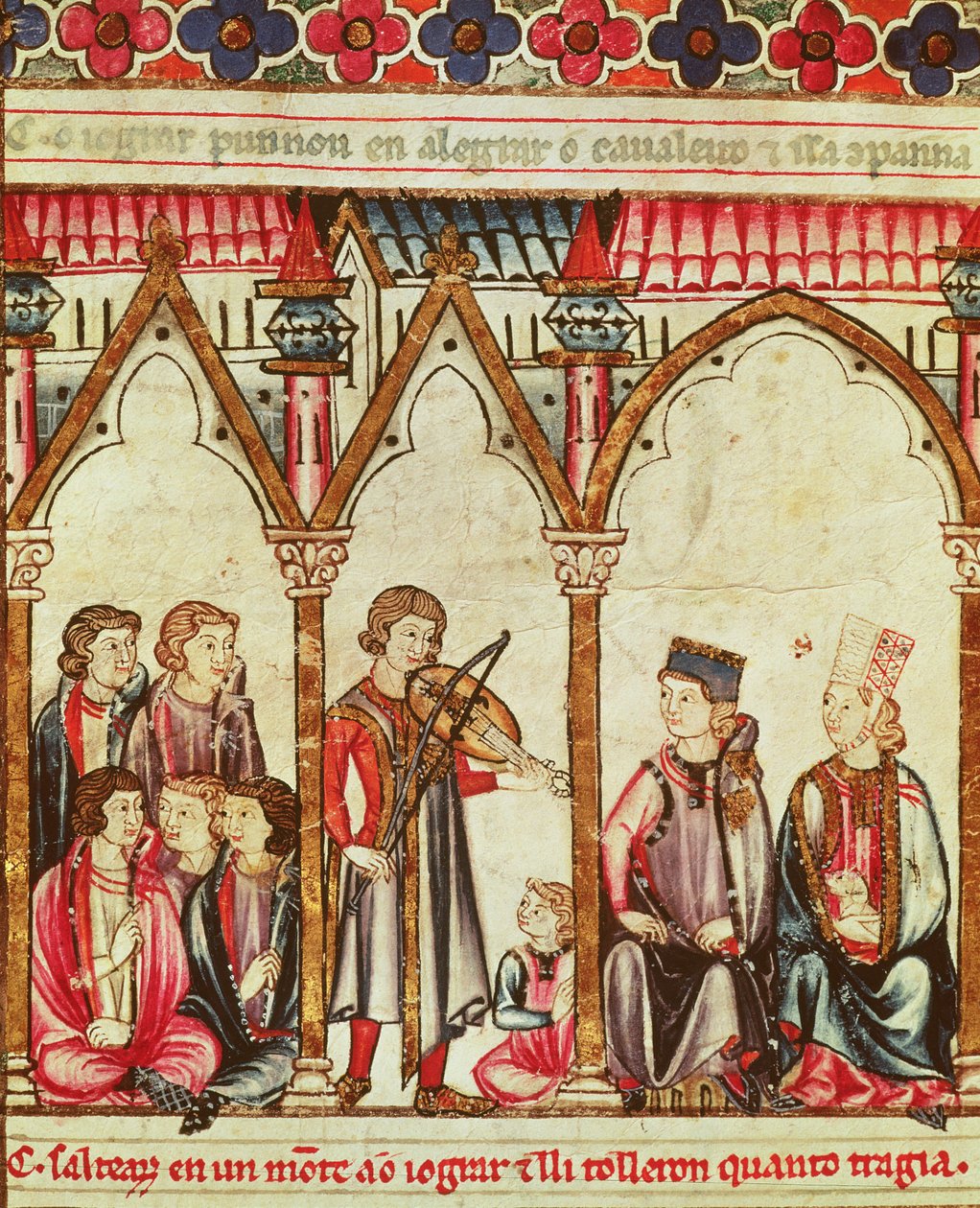 Skupina trubadúrů, ilustrace z Cantigas de Santa Maria, vyrobené pod vedením Alfonse X (Moudrý) krále Kastilie a Leónu (1221-84) (viz také 56625) od Spanish School