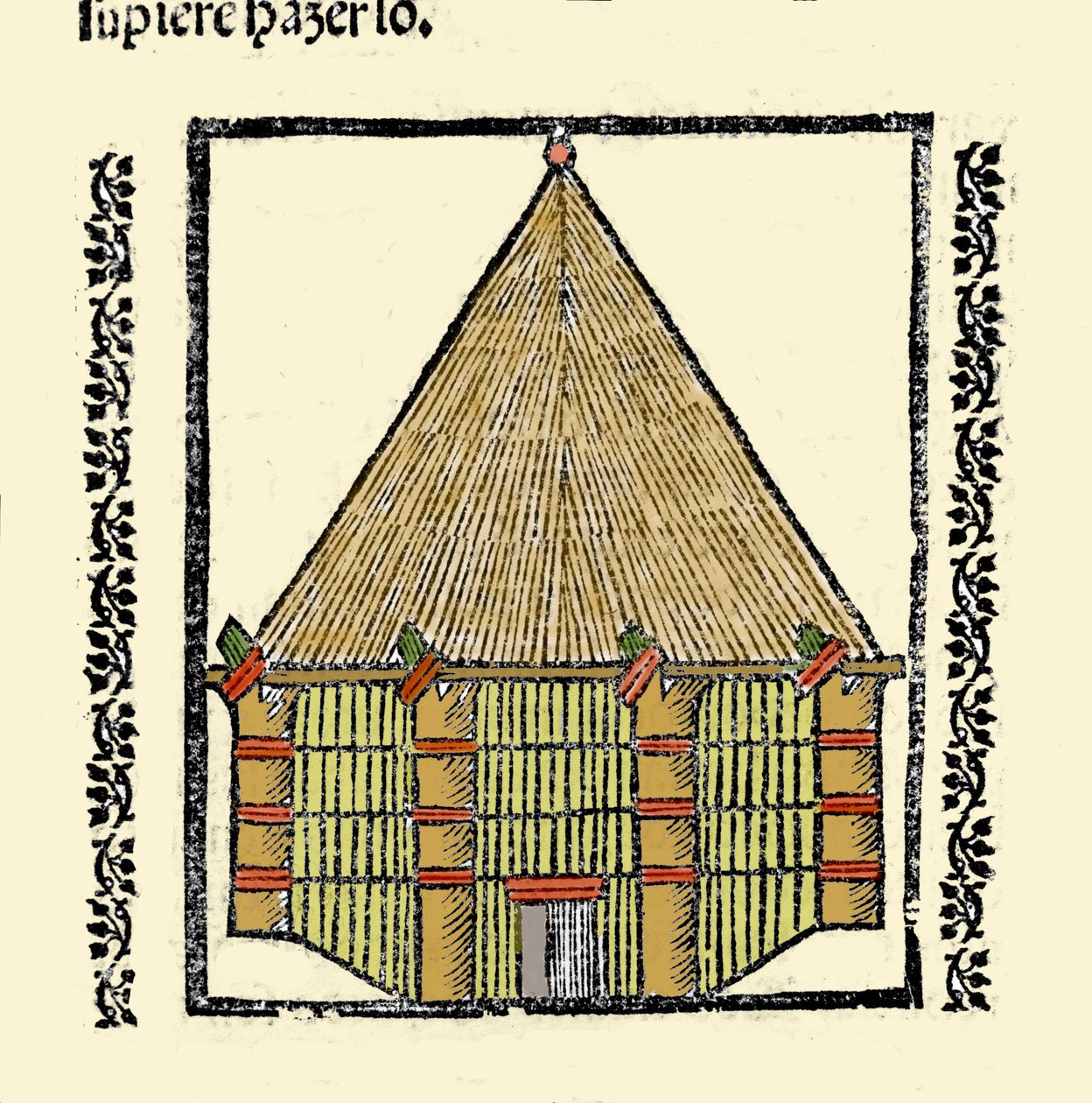 Stanoviště: popis Cabane des Indigenes Caraibes. Rytina z knihy „Obecná historie Indie, ostrovů a pevniny oceánského moře“ od Gonzala Fernandeze de Oviedo (Gonzalo) nebo Fernandeze de, ou Hernandez de Oviedo y Valdes (1478-1557) od Spanish School