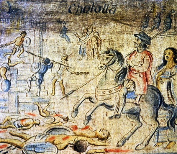 Hernan Cortes jede přes mrtvé po bitvě u Choluly s Donou Marinou, jeho milenka a tlumočnice kráčející pozadu (barva litho) od Spanish School