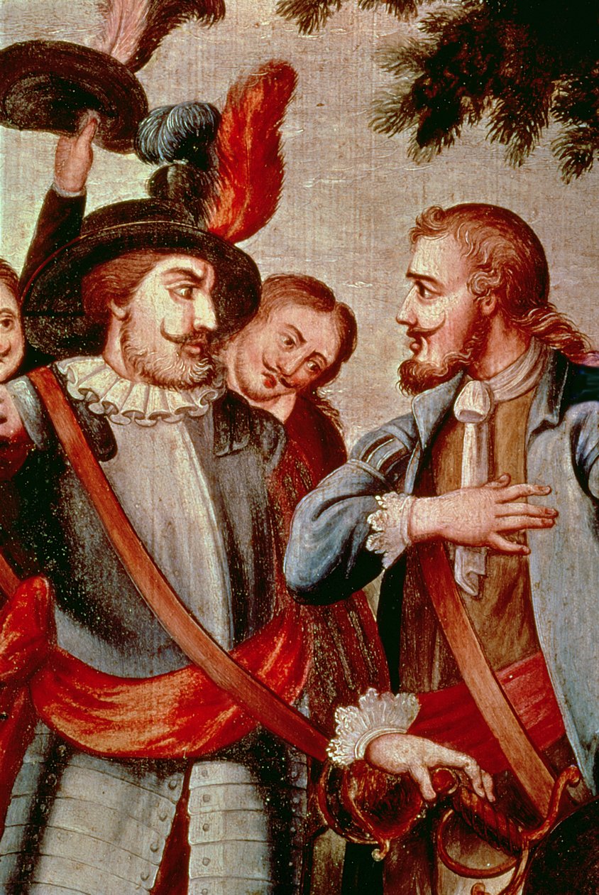 Hernando Cortes (1485-1547) a Diego di Velasquez (1465-1524) (olej na plátně) (detail) (viz 113574) od Spanish School