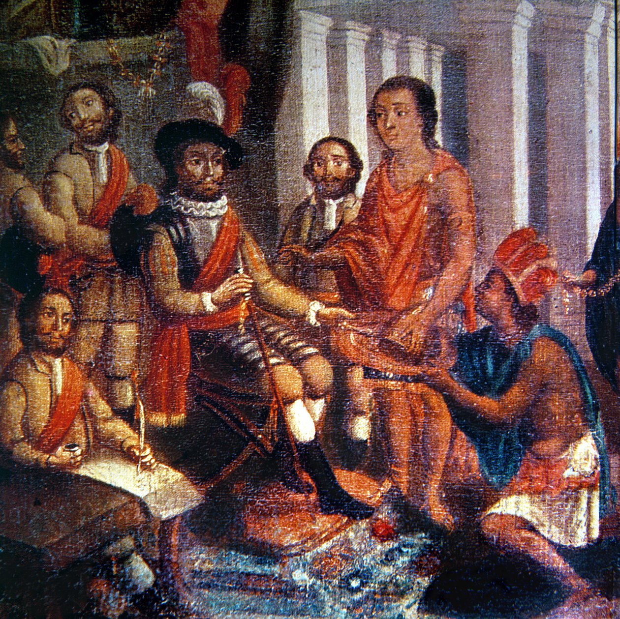 Hernando Cortes (1485-1547) přijímající poctu Aztéků (olej na plátně) od Spanish School