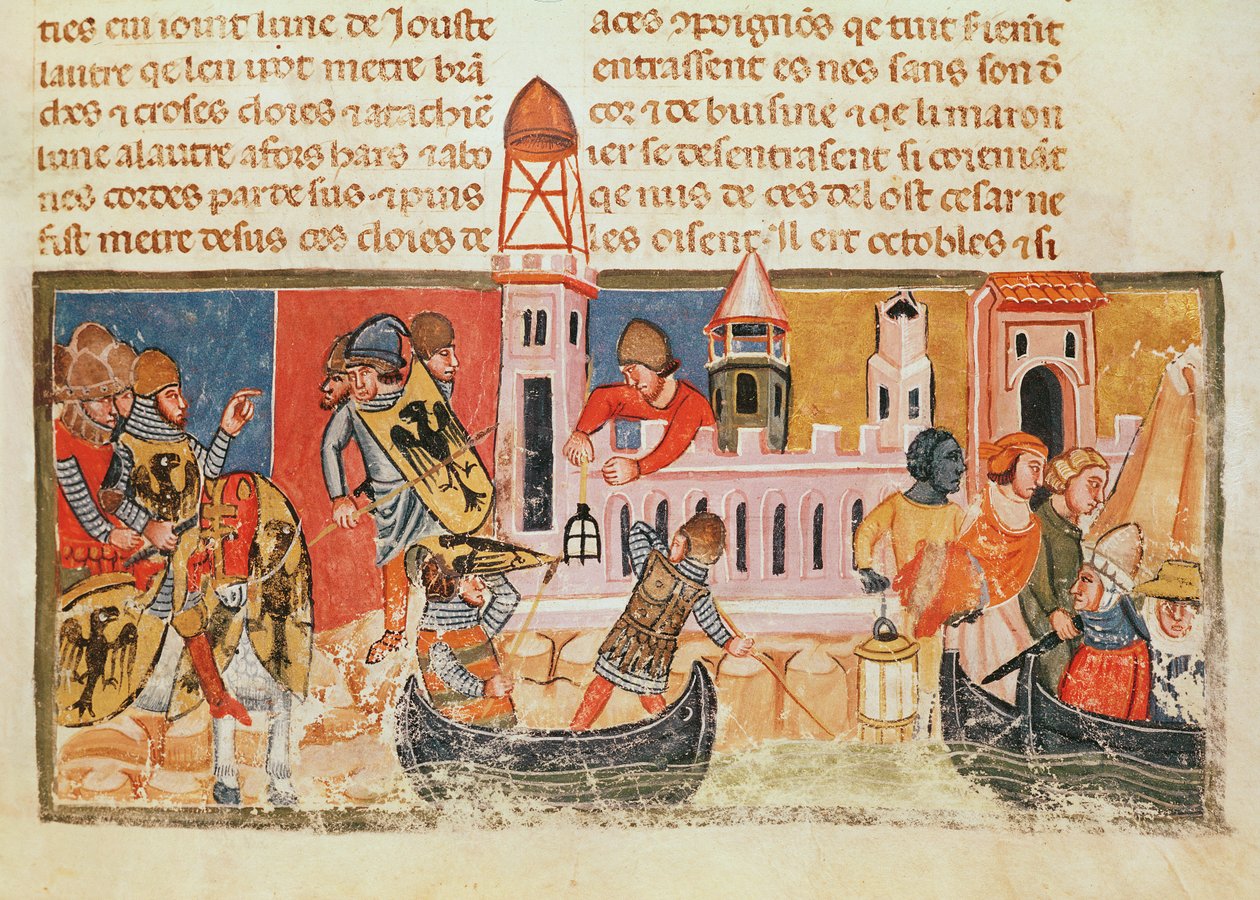 Historická iniciála „B“ zobrazující dva rytíře v bitvě, z „Libre Verd“, kolem roku 1380 (vellum) od Spanish School