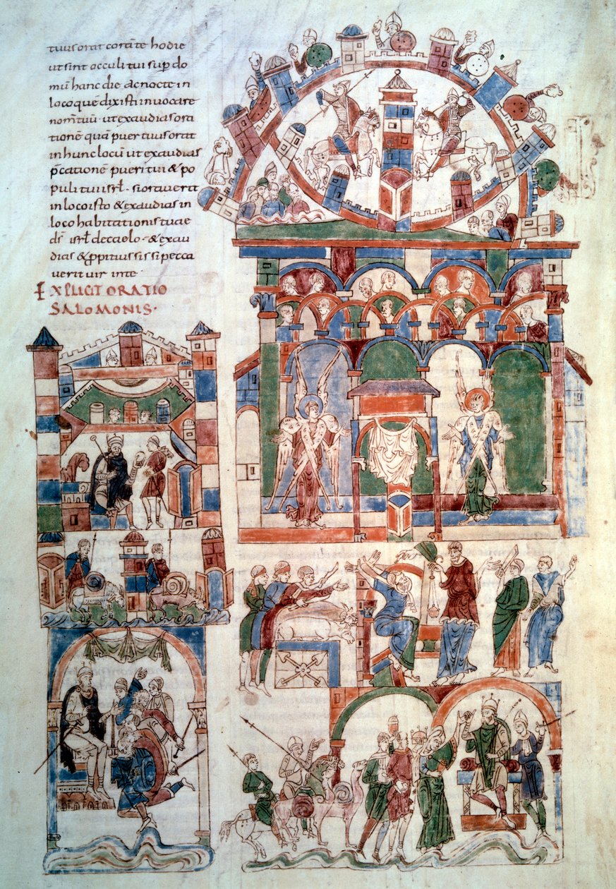 Dějiny Šalomouna: „“Král Šalamoun přijímá hold““ Stránka (fol. 129 v;) převzata z „“Bible Roda““ (man. lat. 6) vyrobené ve Španělsku v 11. století. Paříž, B.N. od Spanish School