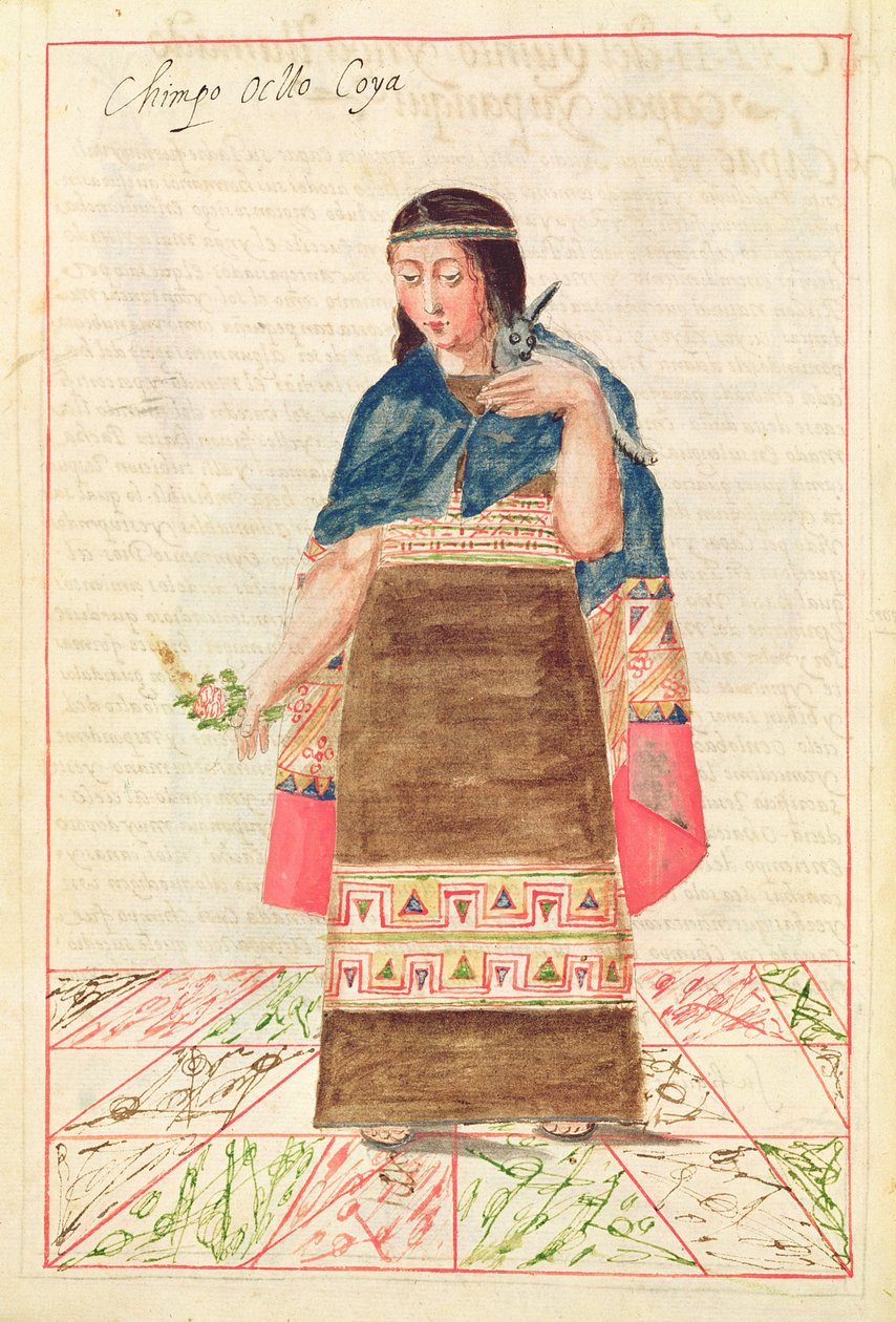Ilustrace z „Historie a královské genealogie peruánských králů Inků, jejich činy, zvyky, kostýmy a způsob vlády“, známé jako Codice Murua (vellum) od Spanish School
