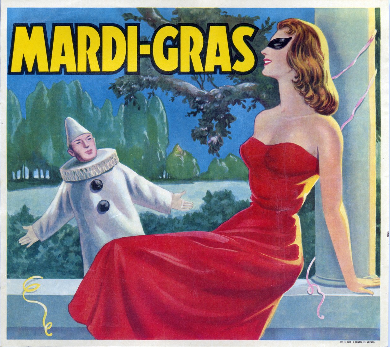 Ilustrace masopustního večírku (Mardi Gras) přestrojení s Pierrotem a maskovanou ženou. Reklama, Valencie, 20. století. od Spanish School