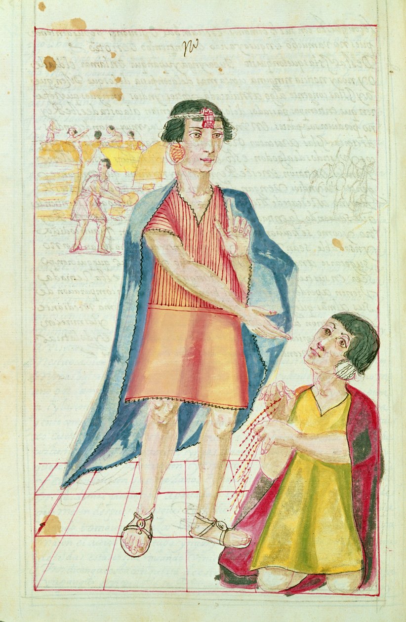 Ilustrace Quipu z „Historie a královské genealogie peruánských králů Inků, jejich činy, zvyky, kostýmy a způsob vlády“, známý jako Codice Murua od Spanish School