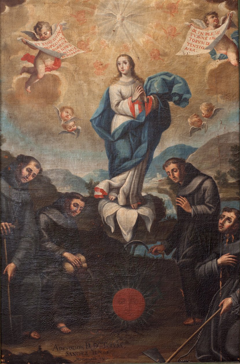 Neposkvrněné početí se zahradnickými františkány. Vznik sboru. Signováno vlevo dole „ADEVOZION DE DA TERESA, Sanchez Yepros?“. 18. století. Juan Sánchez. od Spanish School