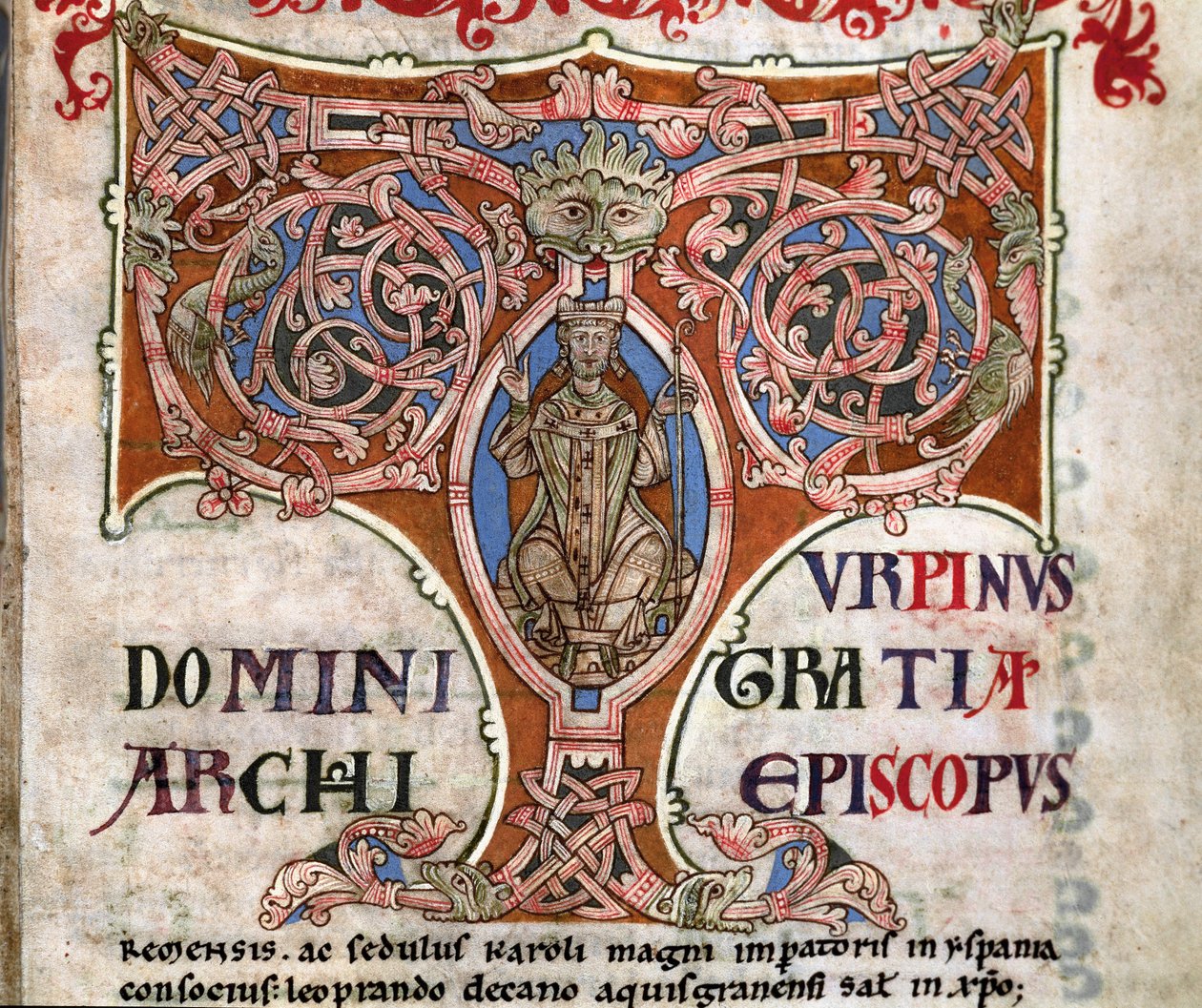 Iniciála T s vyobrazením Karla Velikého, ilustrace z Codexu Calixtinus, kolem 1140 od Spanish School