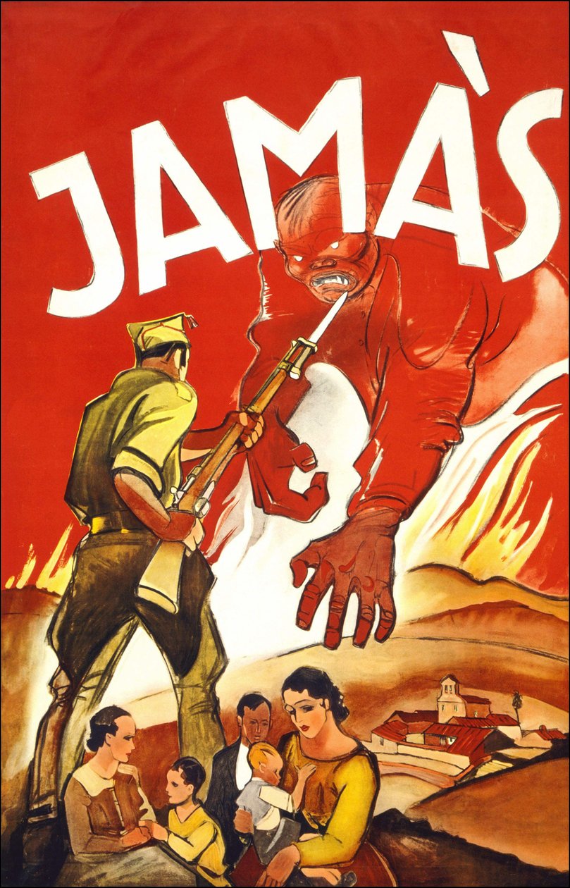 Jamàs („Nikdy“), plakát vydaný během španělské války zobrazující vojáka, který chrání španělské rodiny. V letech 1936 až 1939. od Spanish School