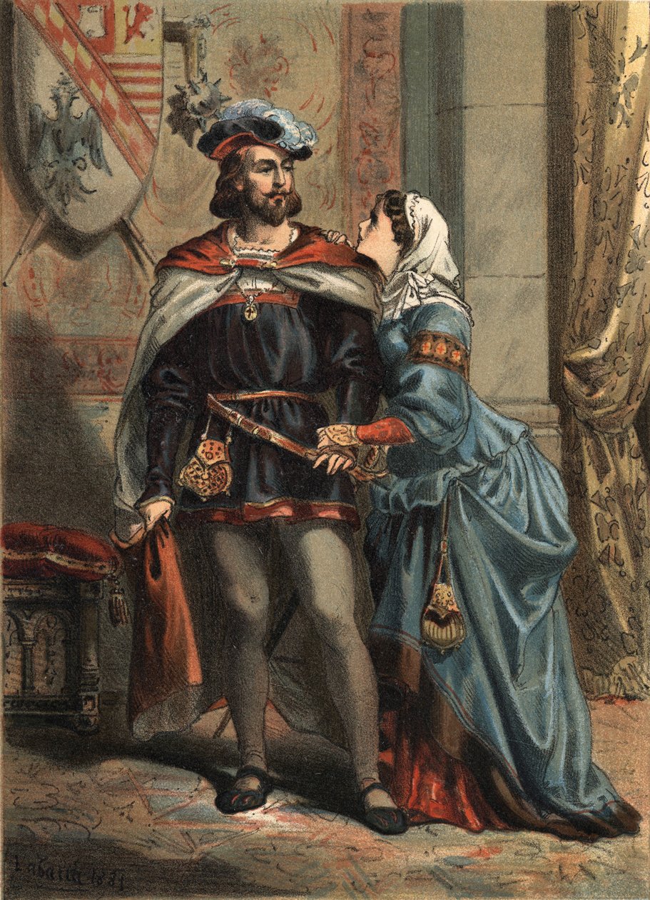 Jeanne Španělská známá jako La Folle (1479-1555), královna Kastilie a její manžel Philippe Le Beau (1478-1506), španělský král a arcivévoda rakouský v „El Culto de la Hermosura““ od Juan Justo Huguet, Molinas Hermanos redaktoři od Spanish School
