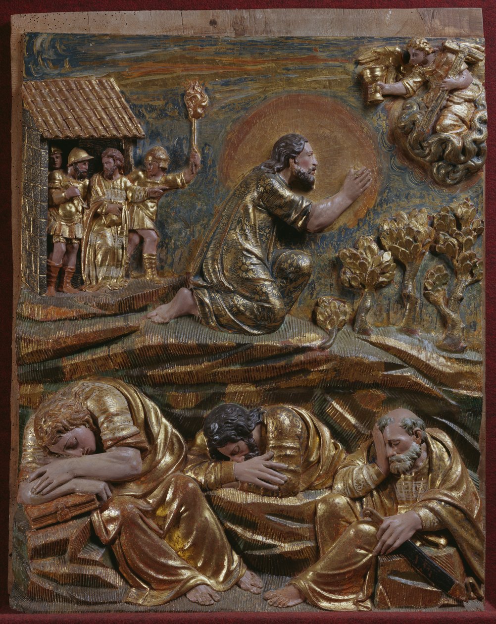 Ježíš v Getsemanské zahradě, detail renesančního oltářního obrazu (malované a zlacené dřevo) od Spanish School