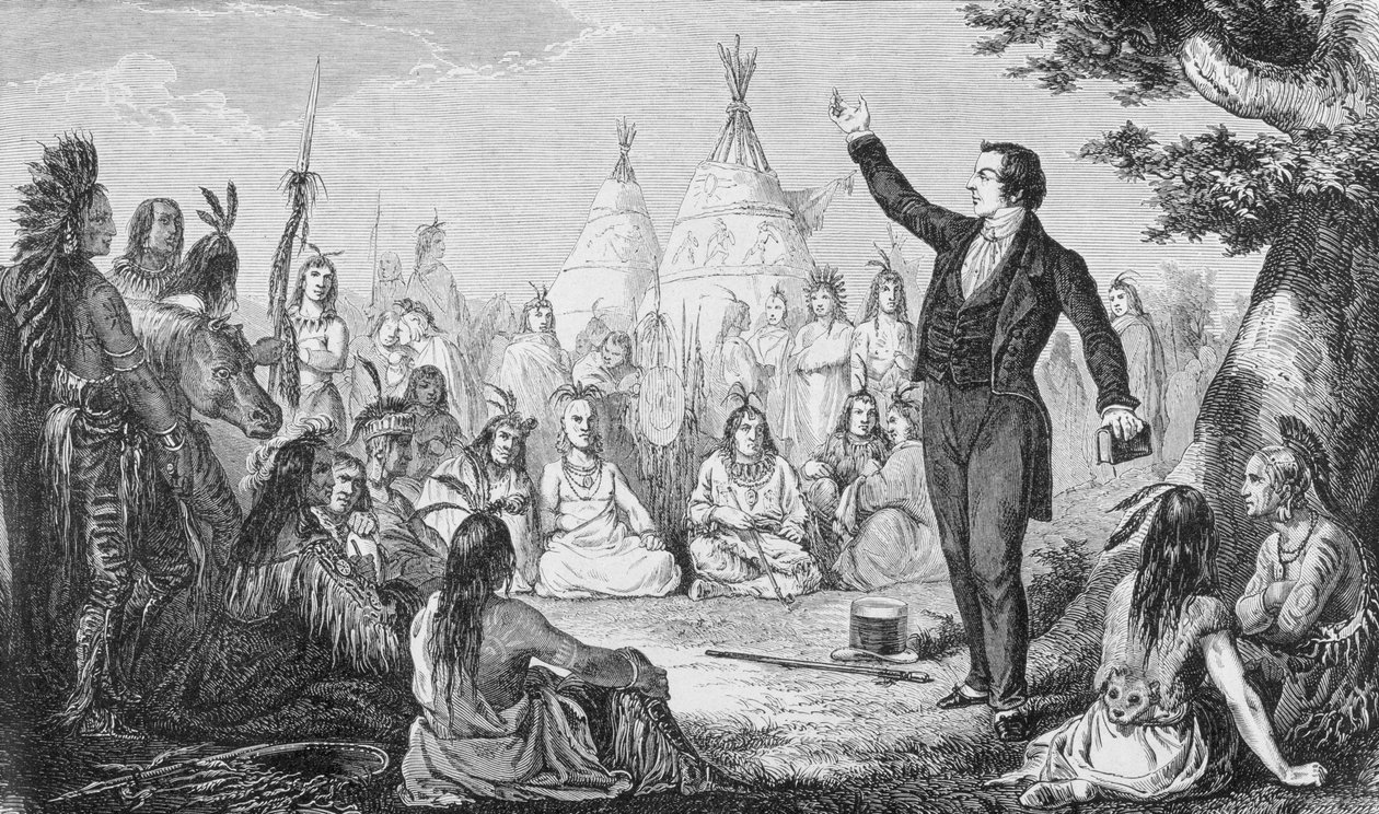 Joseph Smith, zakladatel Mormonské církve, Kázání Indiánům, z „La Vuelta al Mundo“, vydáno v Madridu, 1865 (rytina) od Spanish School
