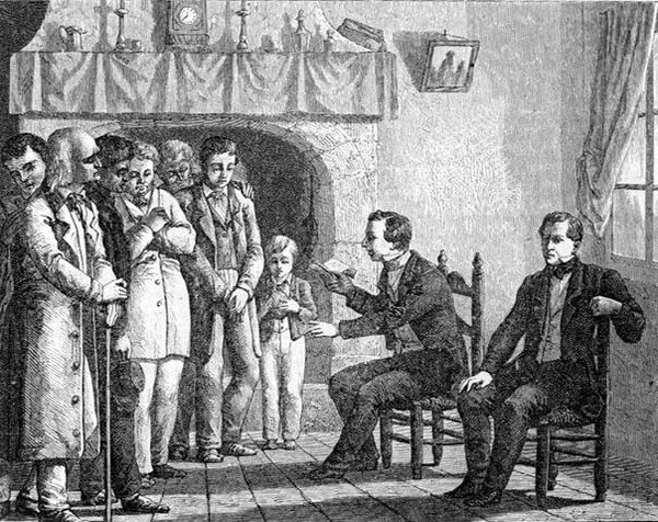 Joseph Smith, zakladatel Mormonské církve, Čtení z Knihy Mormonovy k raným mormonským konvertitům, z „La Vuelta al Mundo“, vydané v Madridu od Spanish School