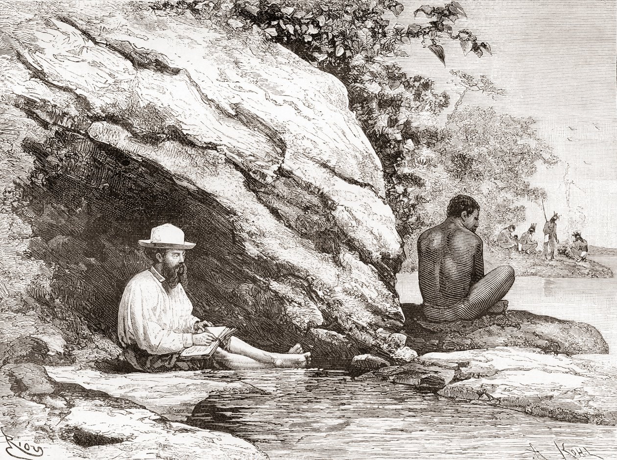 Jules Crevaux, během svého průzkumu Francouzské Guyany v roce 1878, ve stínu skály na břehu řeky Oyapock nebo Oiapoque od Spanish School
