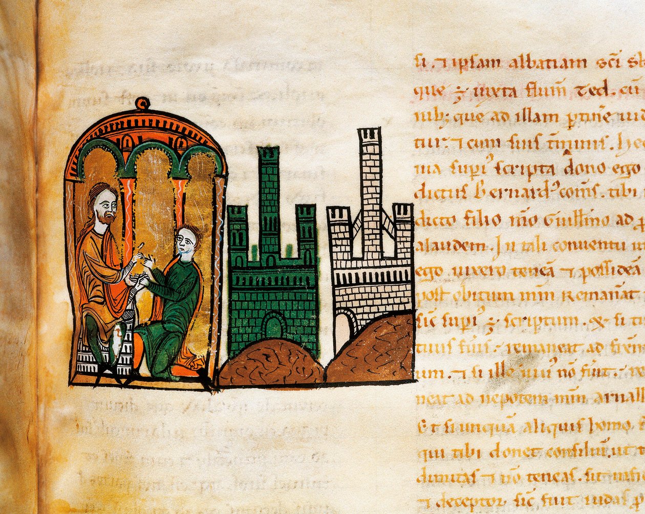 Aragonský král Alfonso II. přijímá dvořana z rukopisu „Liber Feudorum Maior“ od Spanish School