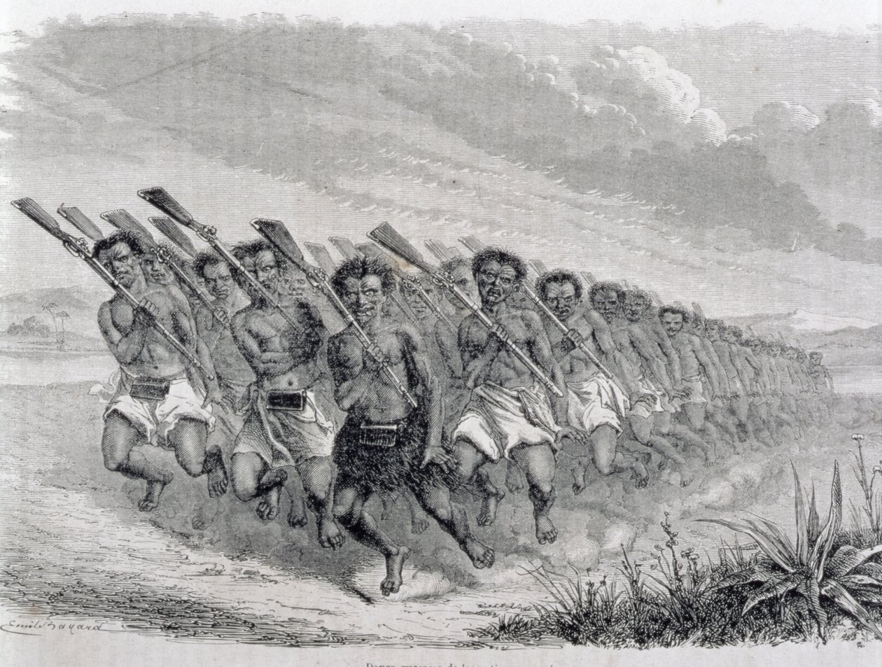 Maorští válečníci předvádějí válečný tanec, ilustrace z „Návratu do světa“ (rytina) od Spanish School