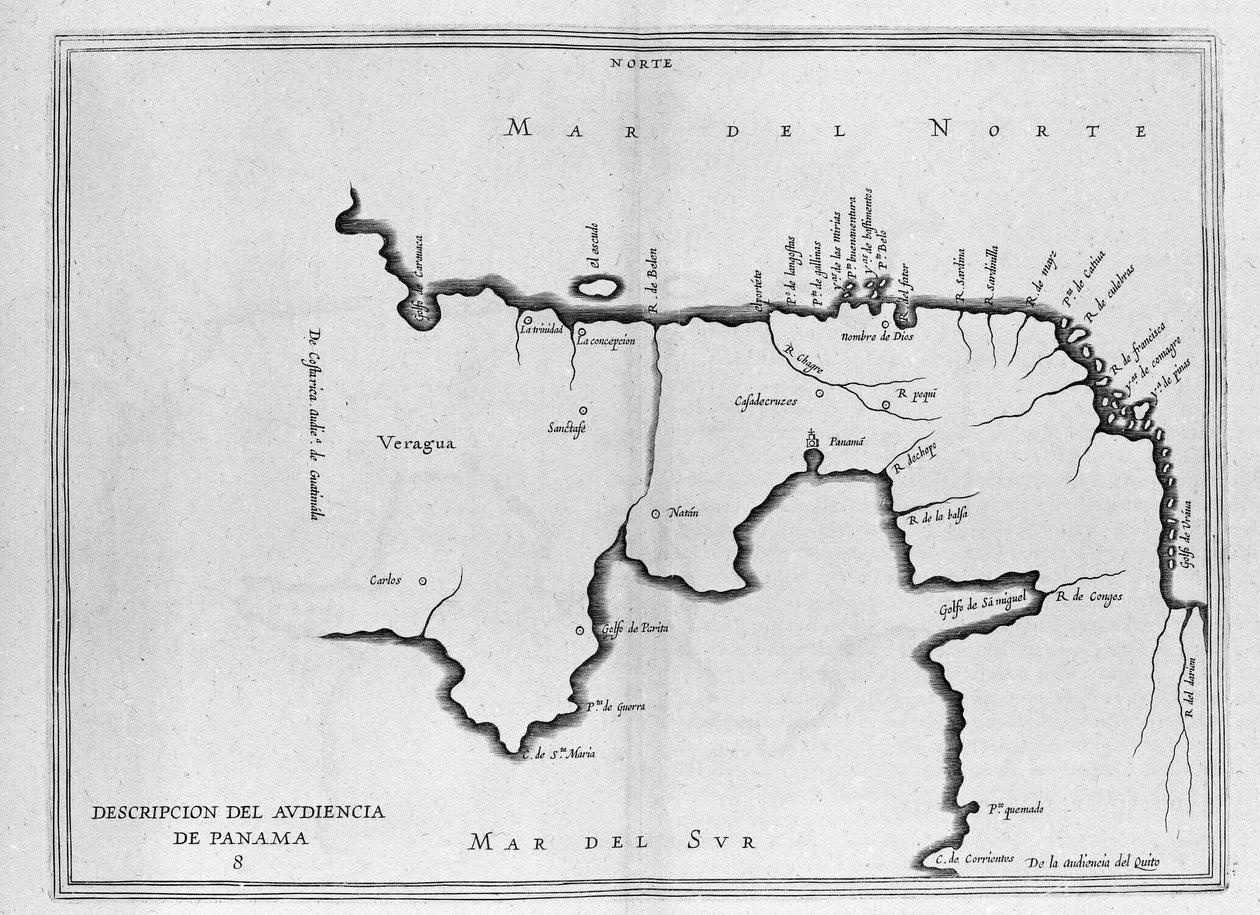 Mapa Střední Ameriky (Panama) ze španělského svazku cest z počátku 17. století. Mapa je orientována na starověký režim (od severovýchodu k východu) a Atlantský oceán se nazývá Severní moře a Tichomoří jižní moře. od Spanish School