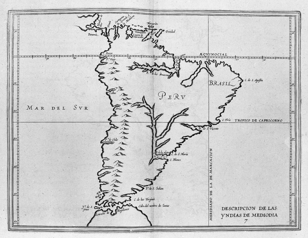 Mapa Meridionale America (Jižní Amerika nebo Latinská Amerika) ze španělského svazku cest z počátku 17. století. Tichý oceán se nazývá Jižní moře a země Peru a Brazílie jsou pojmenovány stejně jako linie rovníku a od Spanish School