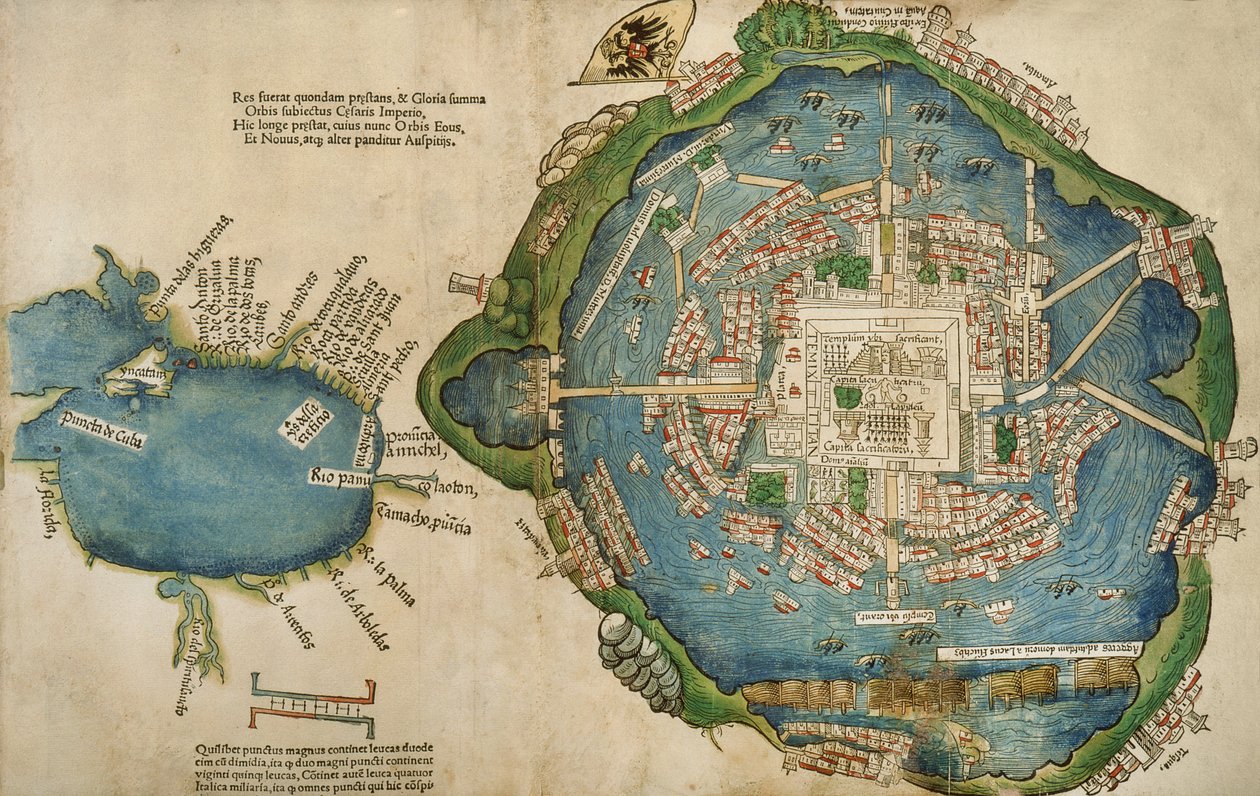 Mapa Tenochtitlánu a Mexického zálivu z knihy Praeclara Ferdinadi Cortesii de Nova maris Oceani Hyspania Narratio od Hernanda Cortese (1485-1547) 1524 od Spanish School