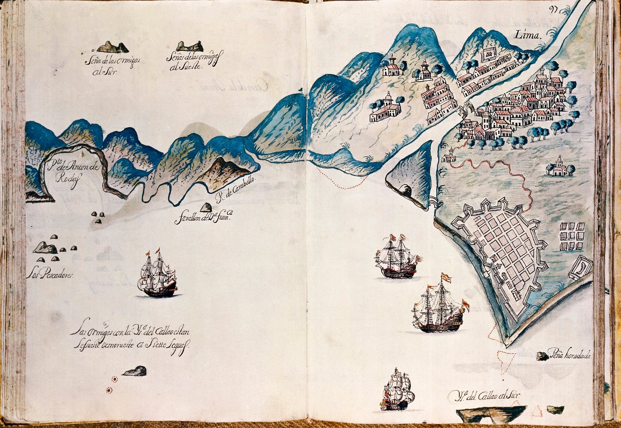 Mapa části Nového Španělska, pobřeží Peru a města Lima, z "Mapy pobřeží Ameriky v Jižním moři, od poslední populace Španělů v nich, což je město Compostela, dále" od Spanish School