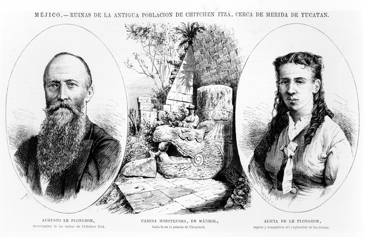 Mexiko - Ruiny starověkého obyvatelstva Chichen Itza, poblíž Merida, Yucatan, ilustrace z La Ilustracion Espanola y Americana 1877 od Spanish School