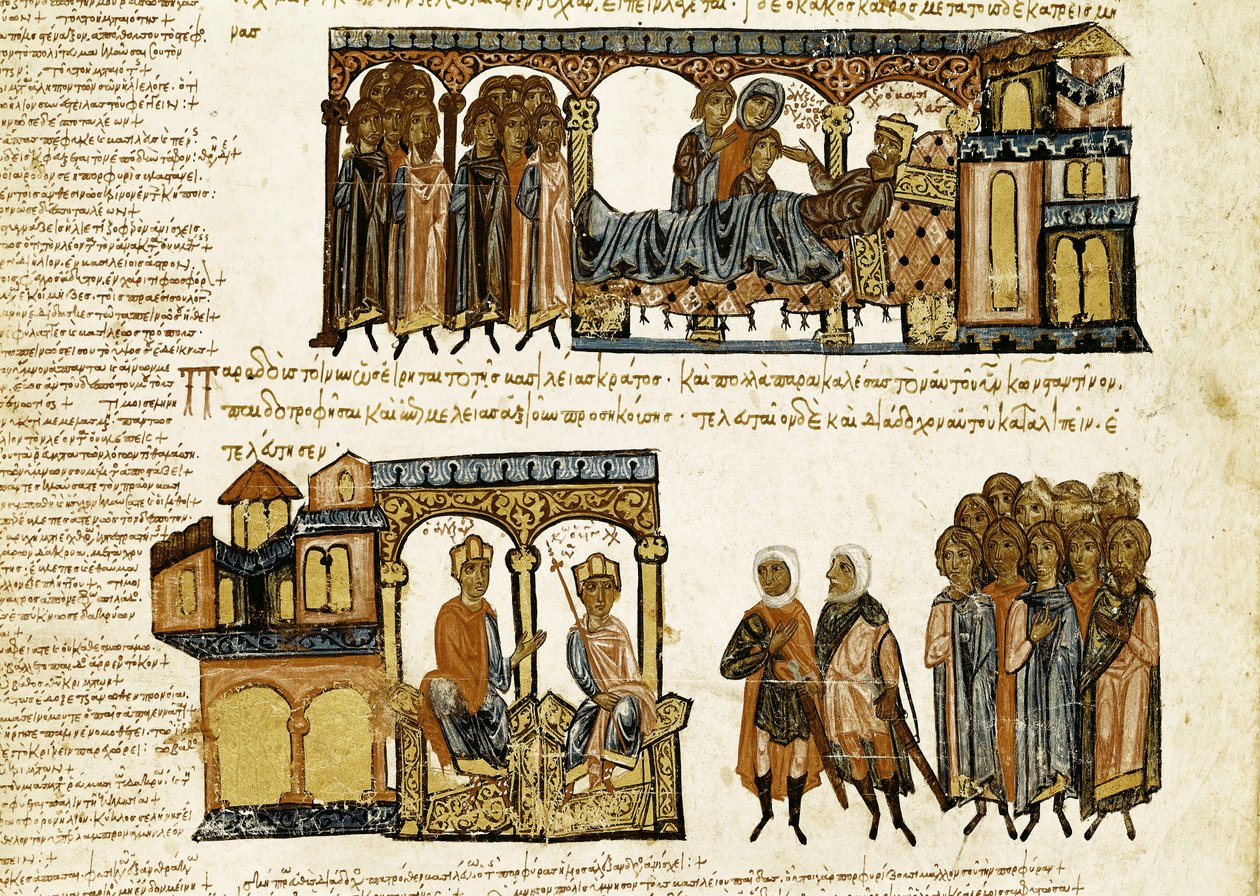 Miniatura z „Synopsis historiarum“ nebo „Byzantské kroniky“ (Dějiny byzantských králů a události z let 811 až 1057) od Jana (Johannes nebo John) Scylitza (nebo Skylitzes nebo Scylitzae) (11.-12. století) od Spanish School