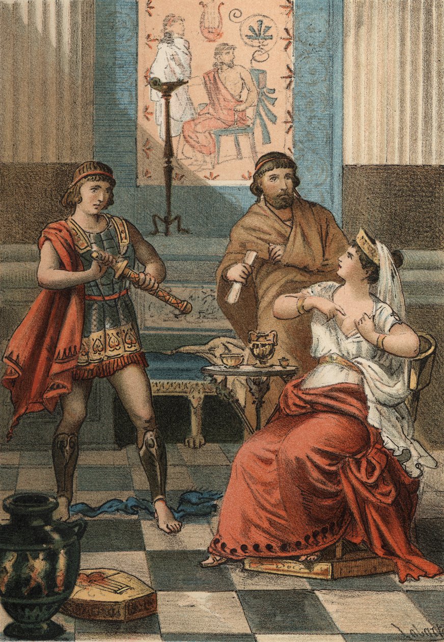 Monime, královna Pontu, požádala na příkaz svého manžela Mithridata VI. Eupatora, aby byla zabita, aby nepadla do rukou Římanů (72 př.nl). v „El Culto de la Hermosura“ od Juana Justa Hugueta, editor Molinas Hermanos od Spanish School