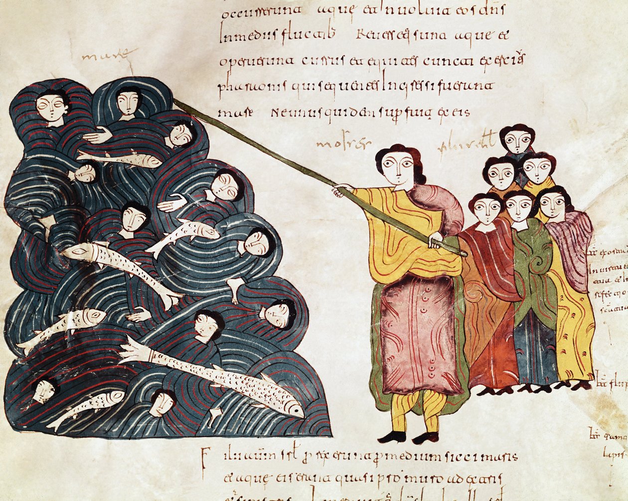 Mojžíš poté, co převedl izraelský lid přes Rudé moře, sledoval, jak se Egypťané topí. Miniatura z mozarabské bible. 10. století. Leon. Knihovna Royal Collegiale svatého Isidora. od Spanish School