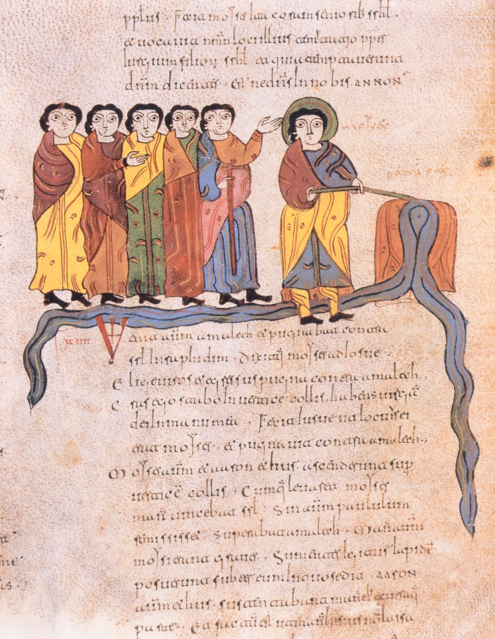 Mojžíš dává vodě proudit ze skal na Horebu, Exodus 17 1-7, z Vizigótsko-mozarábské Bible svatého Isidora, fol. 40v., 960 n. l. (tempera na pergamenu) od Spanish School