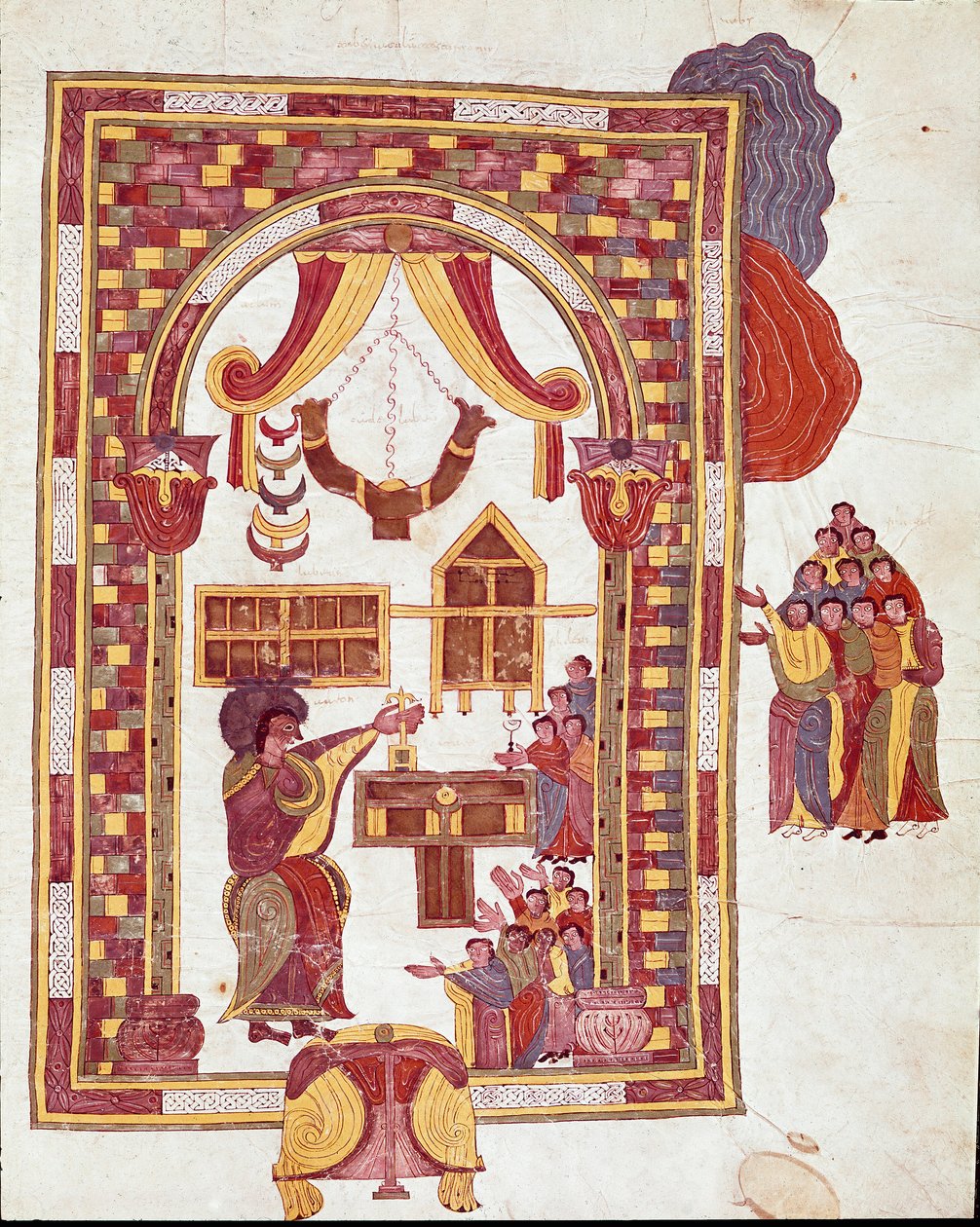 Mozarabské umění: „“ jeruzalémský chrám, Áron je znázorněn jako velekněz před oltářem.“ Miniatura z mozarabské bible. 10. století. Leon. Knihovna Royal Collegiale svatého Isidora. Španělsko od Spanish School