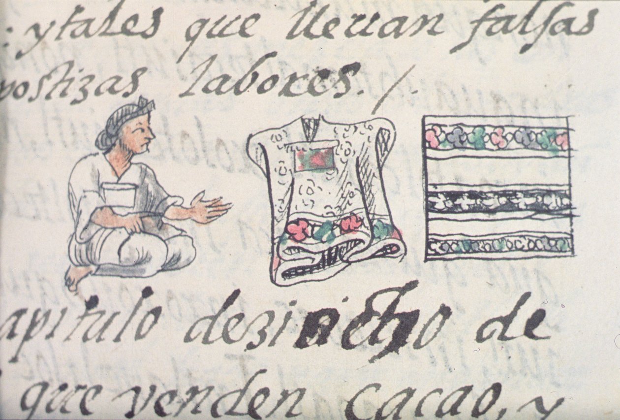 Paní Palatová. 218-220 Kniha IX Aztécký obchodník prodávající pláště, z Florentského kodexu Bernardina de Sahagun, asi 1540-85 od Spanish School