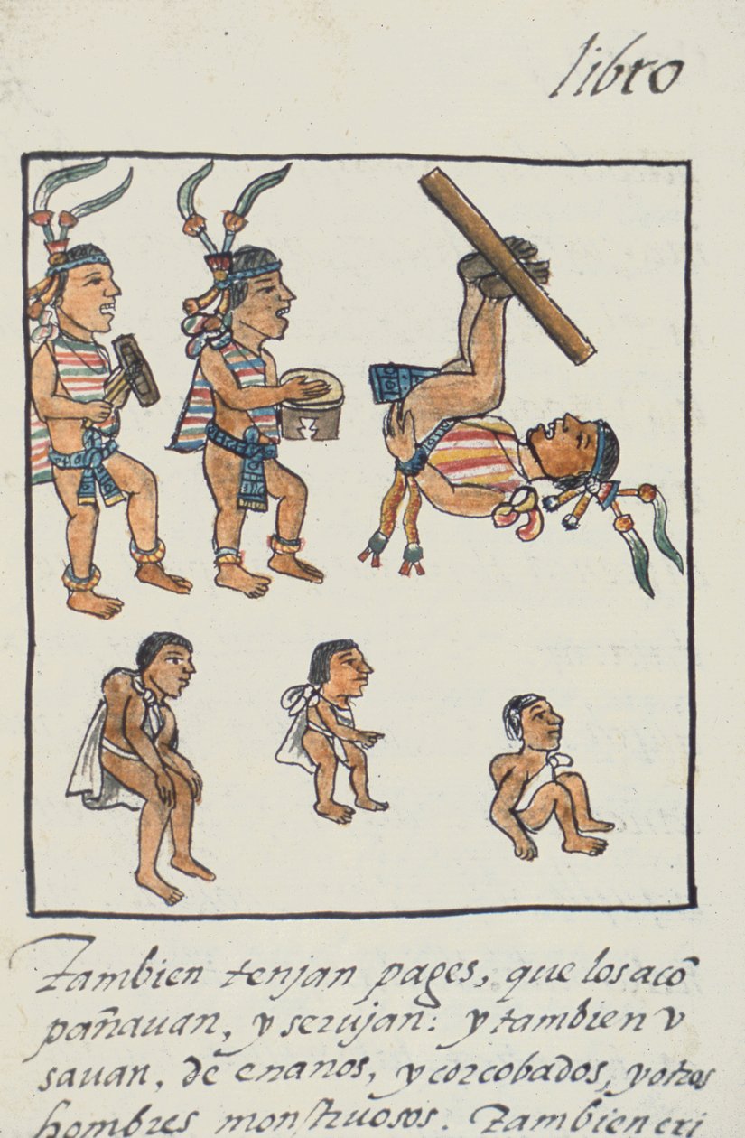 paní Palatová. 218-220 Kniha IX Aztéčtí baviči, hudebníci, žongléři a hrbáči, z Florentského kodexu od Bernardina de Sahagun, kolem 1540-85 od Spanish School