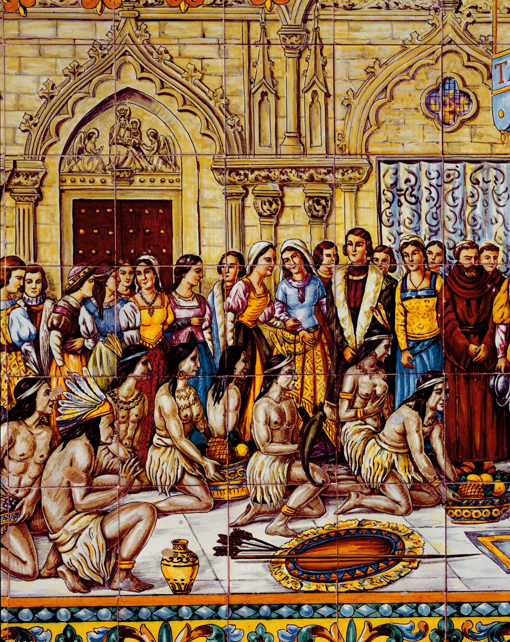 Domorodí Američané přivezli družinu Kolumba do Španělska v roce 1492 (keramika) od Spanish School