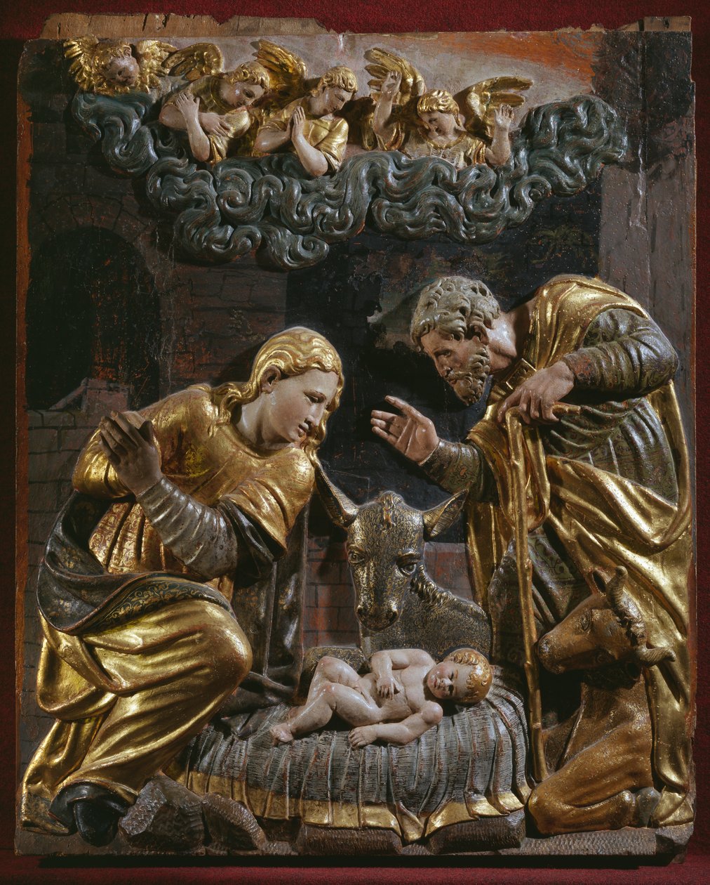 Narození Páně, detail renesančního oltářního obrazu (malované a zlacené dřevo) od Spanish School