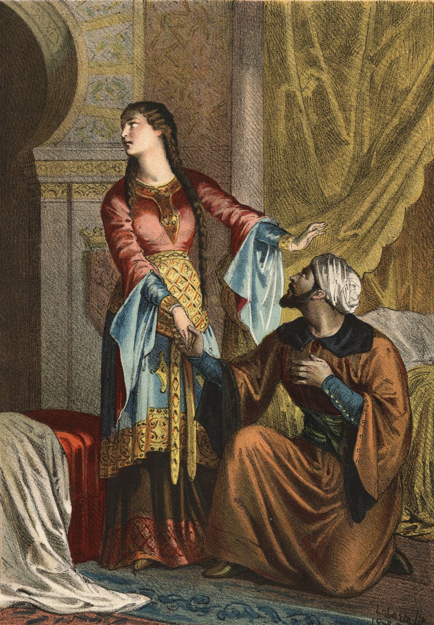Omar, muslimský princ, činí vyznání lásky Sancha Ona, hraběnce z Kastilie. v „Kult krásy““ od Juana Justa Hugueta, editor Molinas Hermanos od Spanish School
