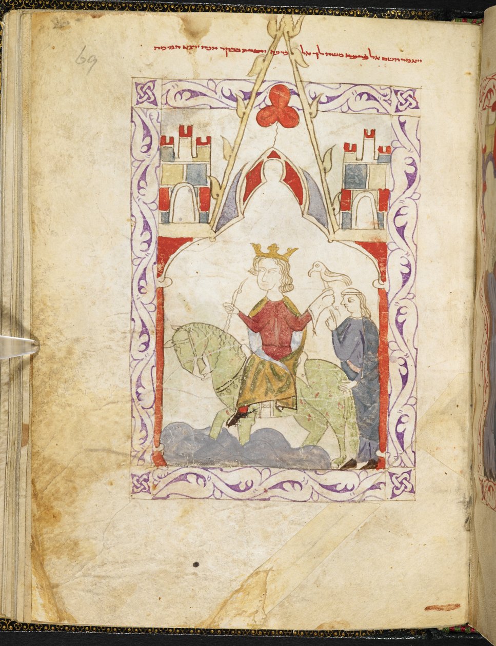 Nebo. 2737, f. 69r, Faraon jako Falconer, z „Hispano-Moresque Hagady“, kolem 1300 (vellum) od Spanish School