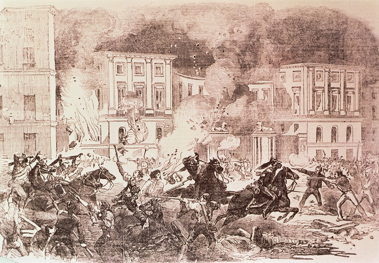 Populistická povstání v Madridu, vzbouřenci se pokusili zapálit palác královny Marie Kristiny v roce 1854 (litho) od Spanish School