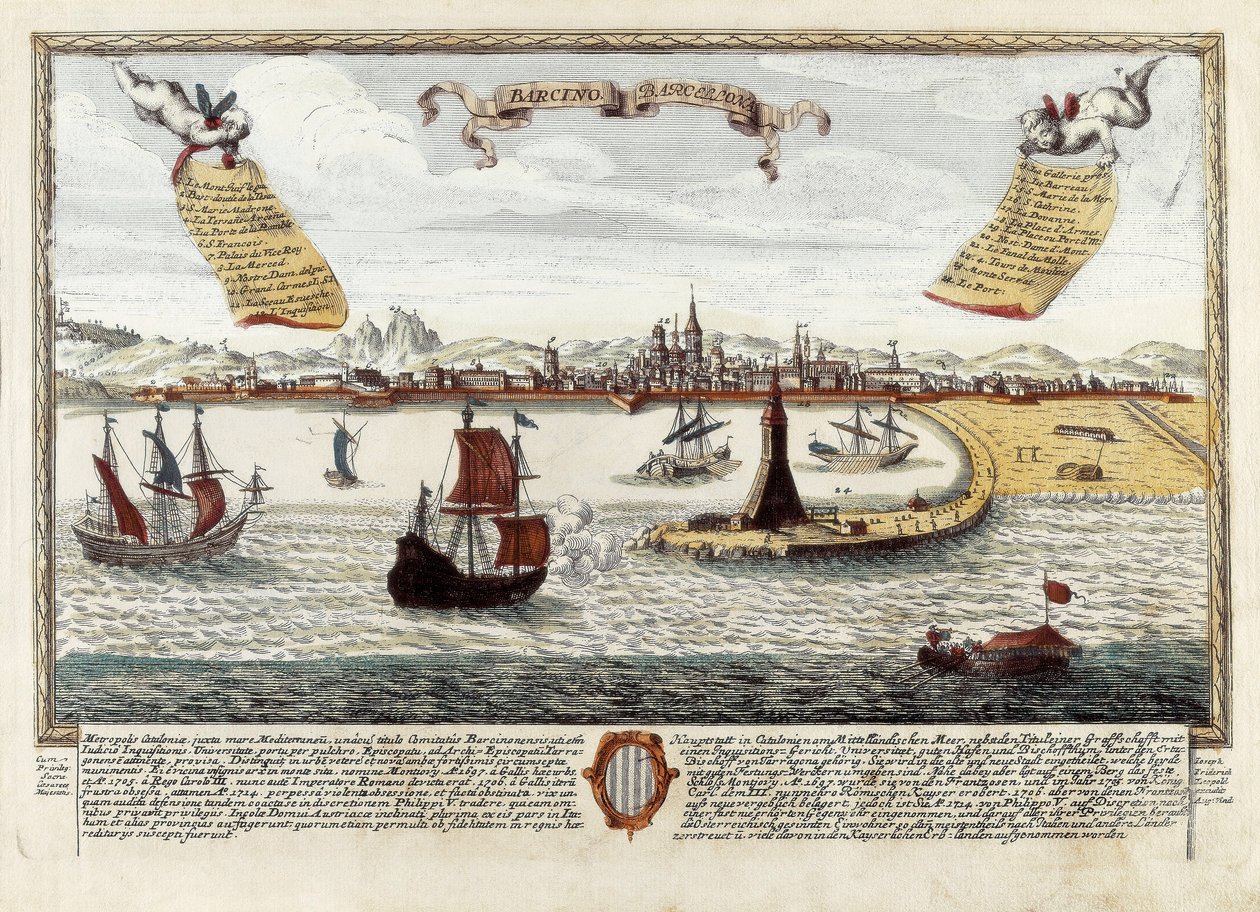 Port of Barcelona, konec 18. století (rytina) od Spanish School