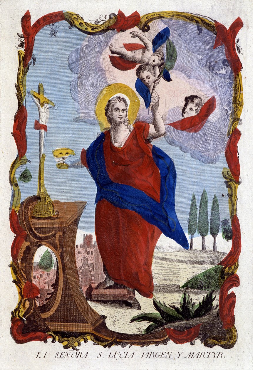 Portrét svaté Lucie (oči na ploše a dlaň mučedníka) - španělská rytina od Spanish School
