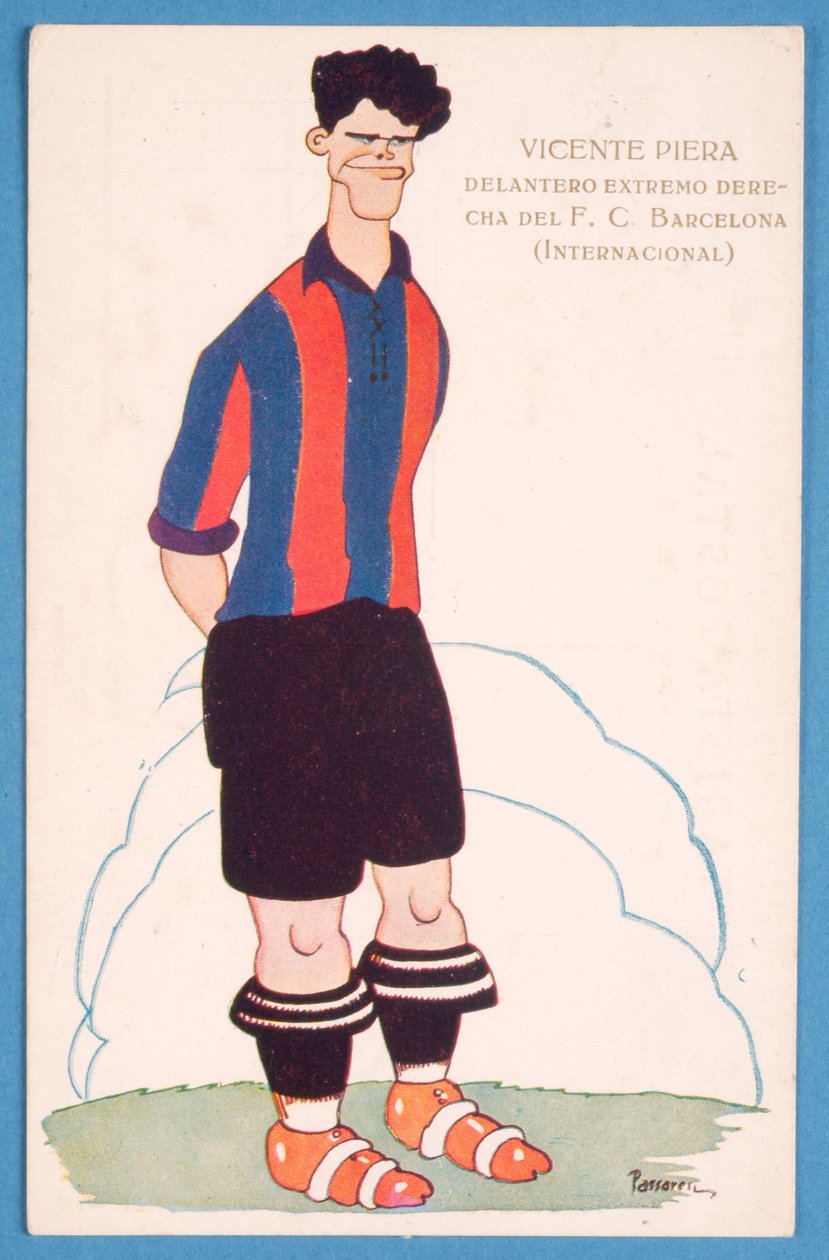 Pohlednice zobrazující karikaturu španělského fotbalisty Vicente Piery z Barcelony od Spanish School