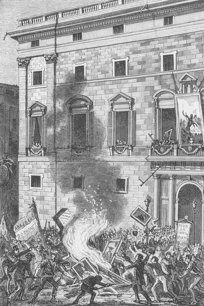Lidé z Barcelony Hořící portréty Bourbonů, 1868 (rytina) od Spanish School