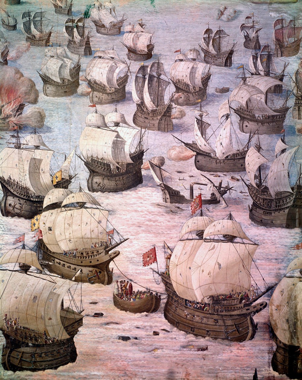 Regata španělských galeon během expedice do Acores v roce 1582 za Filipa II. (1527-1598), španělského krále. Freska ze 16. století. Síň bitev, Palác Escorial, Madrid. od Spanish School