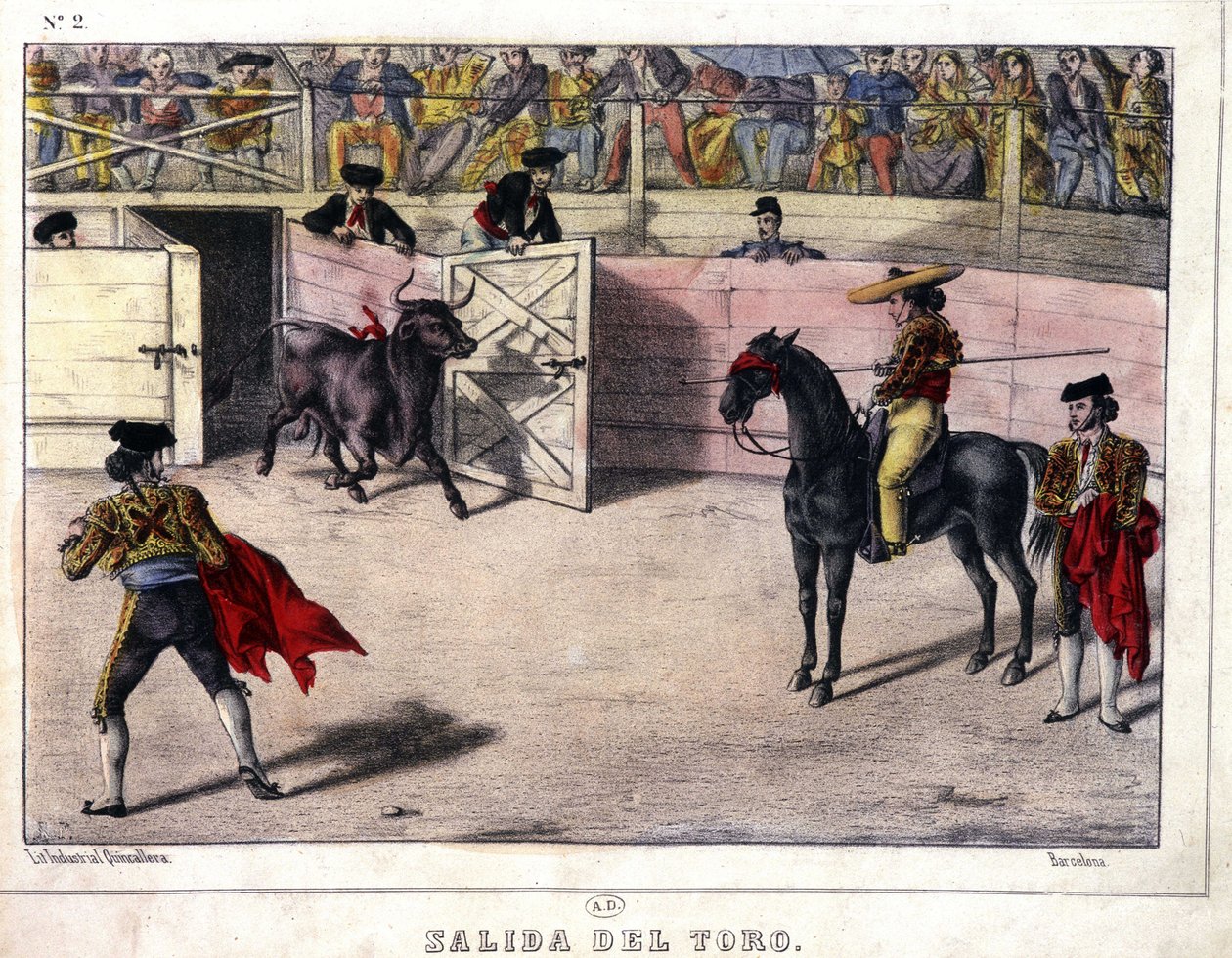 Vydání Býka, býčí zápasy ve Španělsku, litografie sd. 19. století od Spanish School