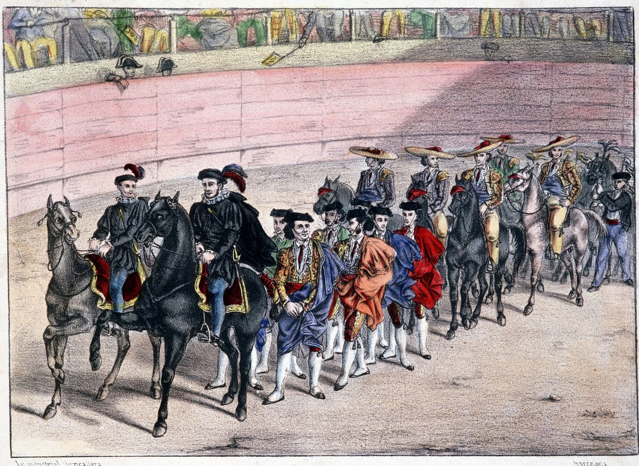 Vydání čtyřky, corrida ve Španělsku, litografie sd. 19. století od Spanish School