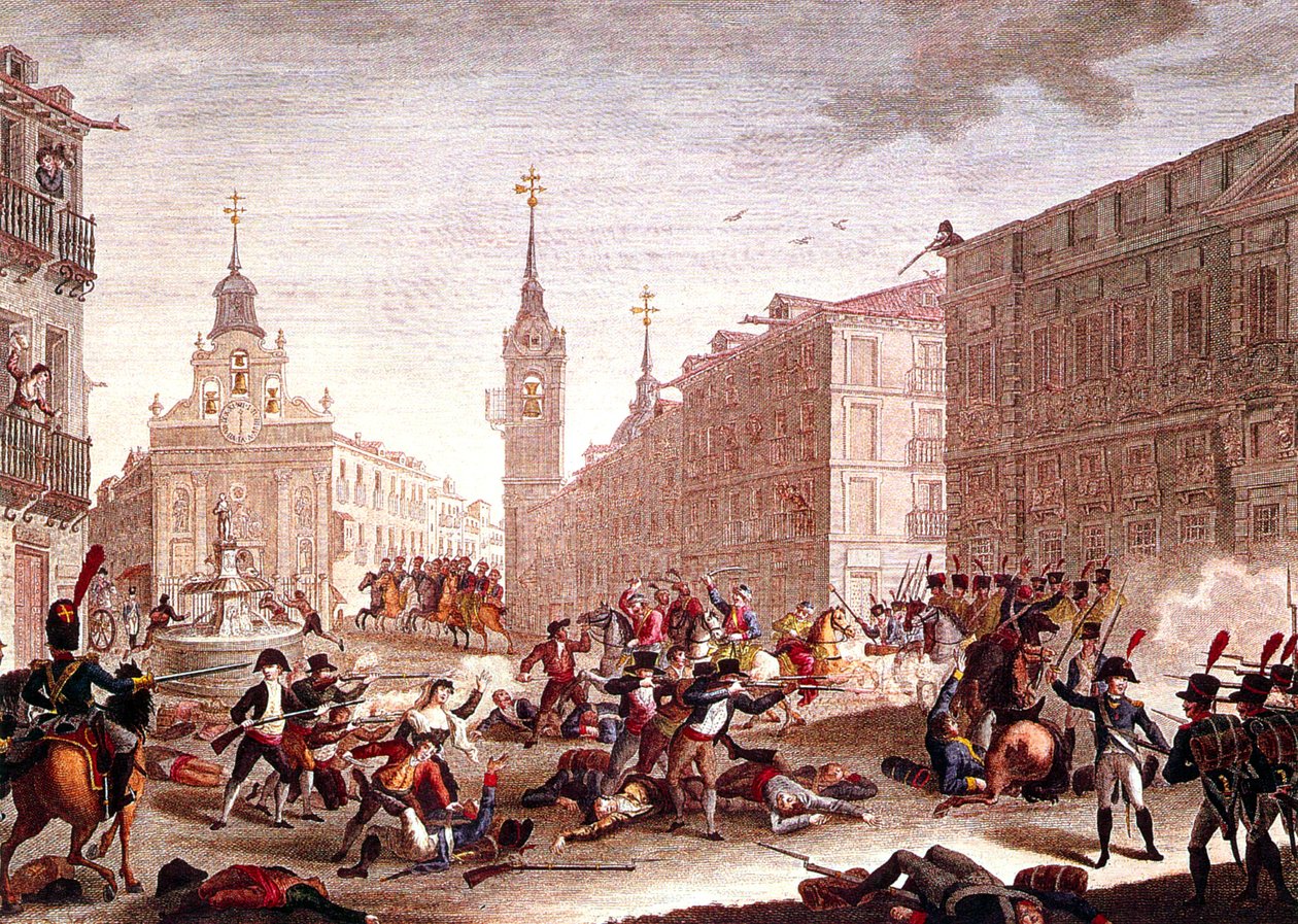 Nepokoje proti napoleonským vojskům, Madrid, květen 1808 (barevná rytina) od Spanish School