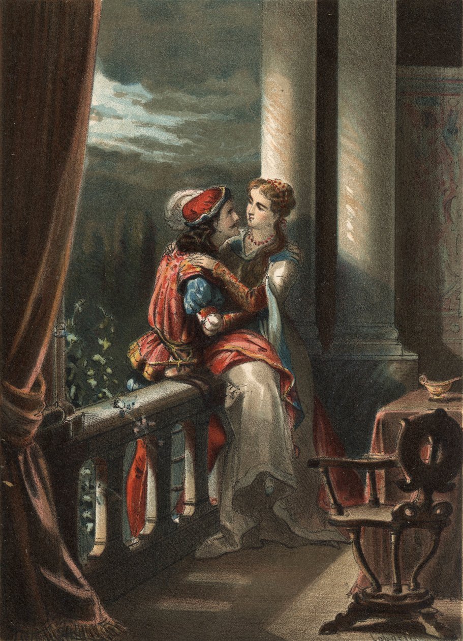 Romeo a Julie, příběh Masuccia Salernitana (Masuccio de Salerno), na konci 15. století. v „Cult of Beauty““ od Juana Justa Hugueta, editor Molinas Hermanos od Spanish School